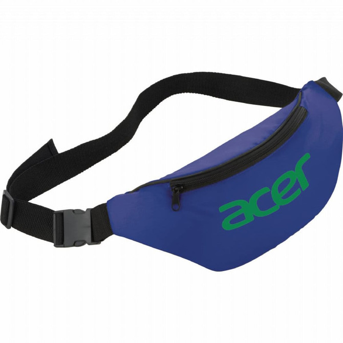 A blue fanny pack with a black strap, featuring a logo on the front and a zippered pocket.
