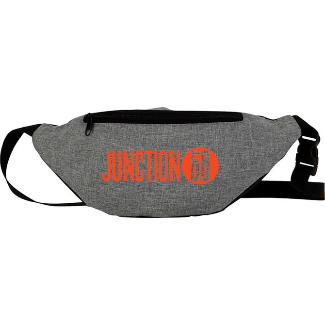 A grey bum bag featuring an orange logo. It includes a zippered compartment and an adjustable strap.