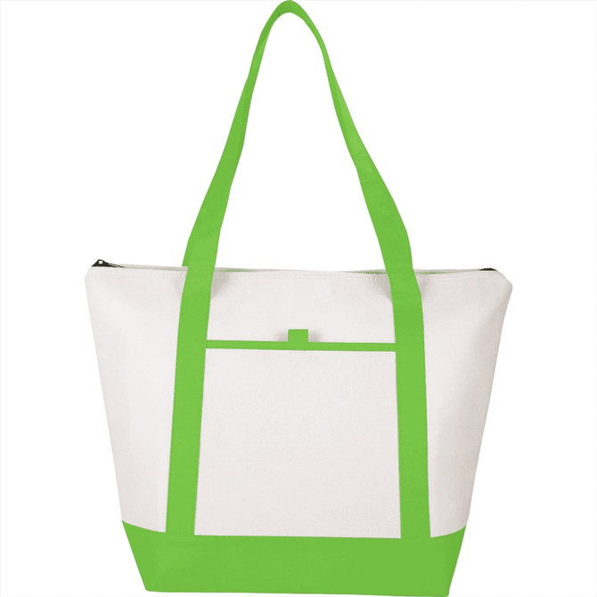 A white non-woven tote cooler bag with bright green handles and a front pocket, featuring a logo.