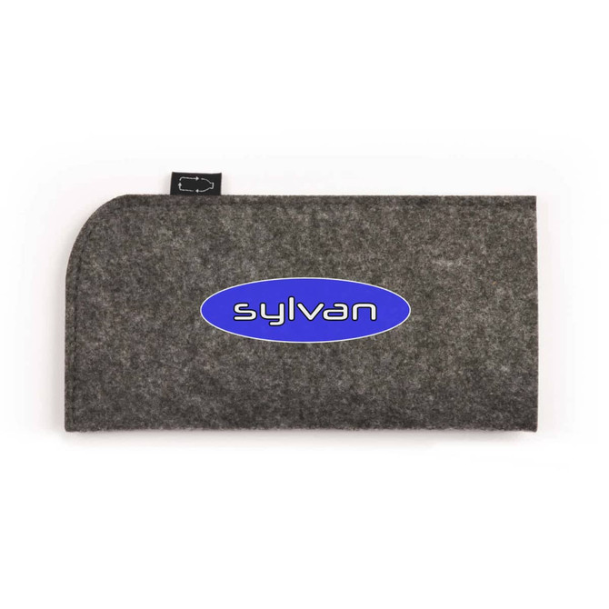 A grey felt case featuring a logo, designed for sunglasses and accessories.