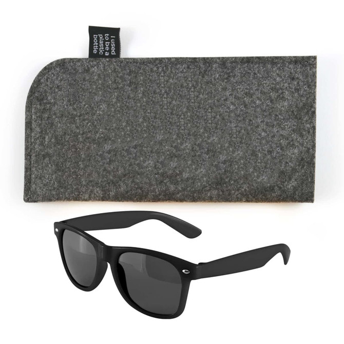A pair of black sunglasses with dark lenses is displayed alongside a grey felt protective case.