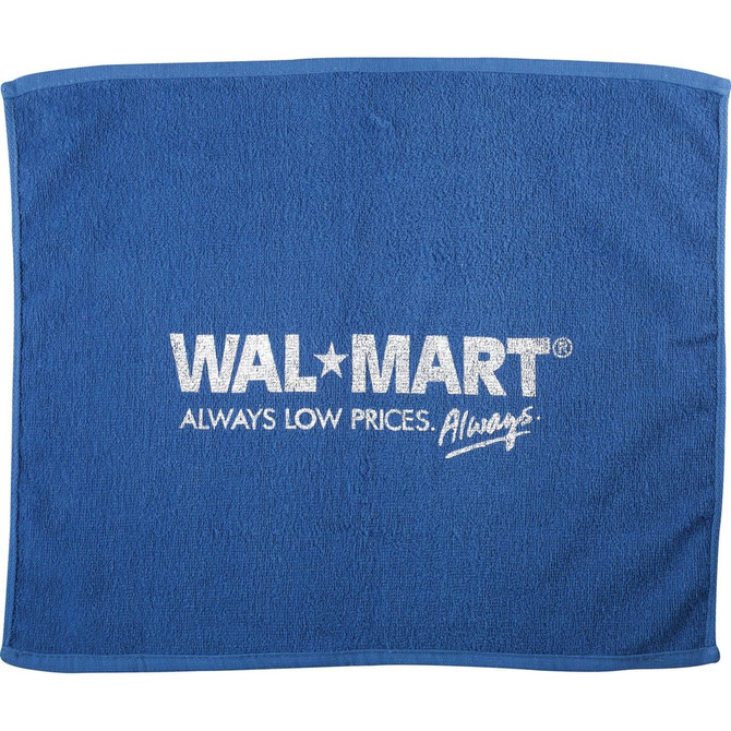 A blue gym towel with a logo and textured fabric, ideal for leisure and outdoor activities.