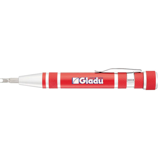 A red multi-tool with silver accents, featuring a retractable blade and a clip for convenience. It has a branding logo.
