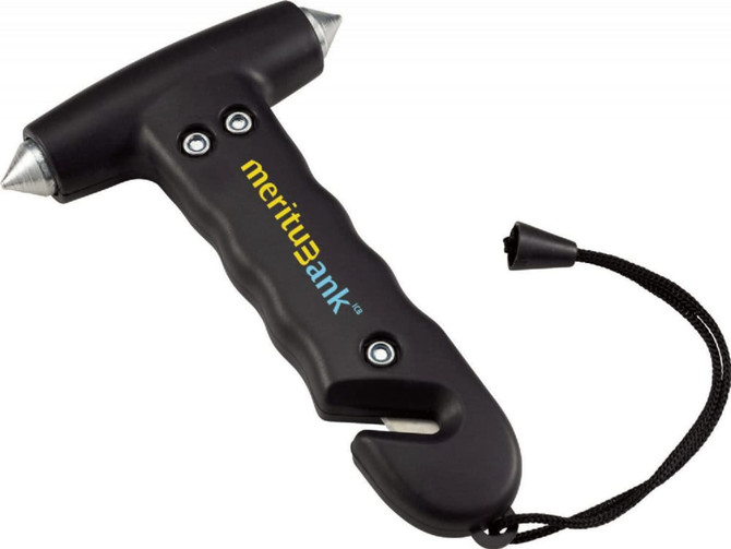 A black life-saving hammer tool with a grip handle, two pointed ends, and a lanyard attachment, featuring a logo.