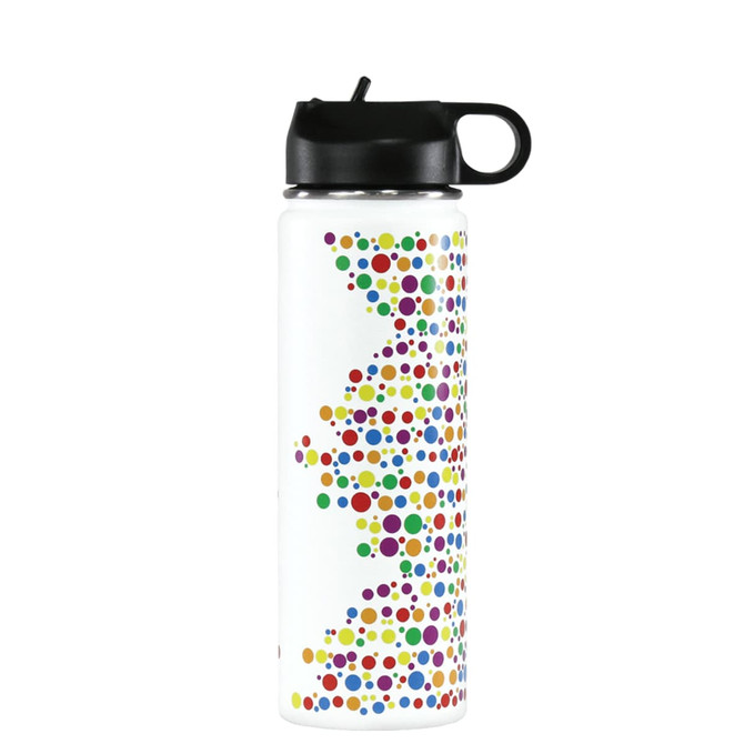 A drink bottle featuring a white body adorned with colourful polka dots and a black lid with a carry handle.