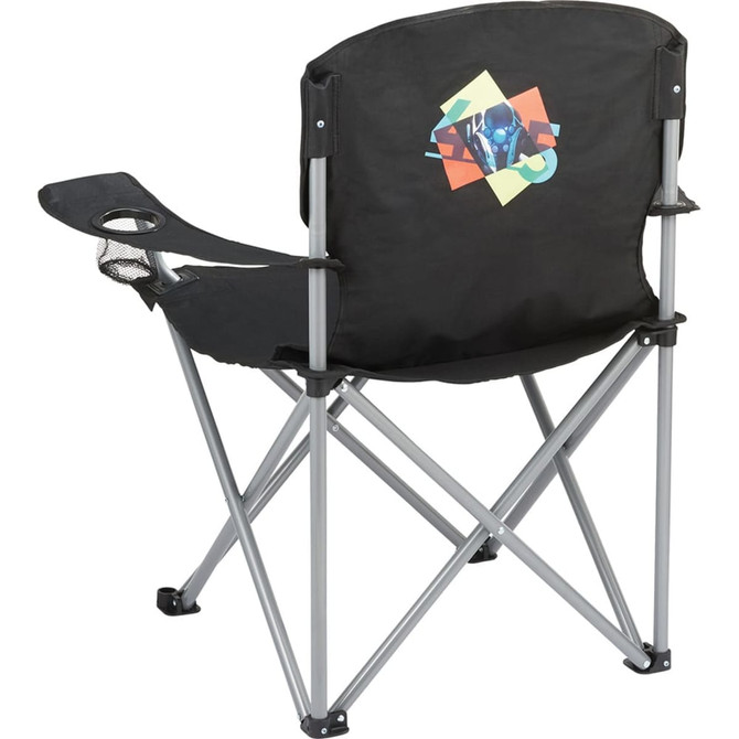 An oversized folding chair in black with a colourful logo on the back, featuring a cup holder on the side.