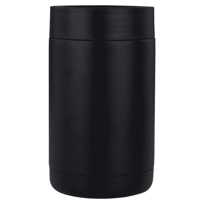 A drink bottle holder in matte black with a sleek design and a branding logo. Ideal for keeping drinks cool.