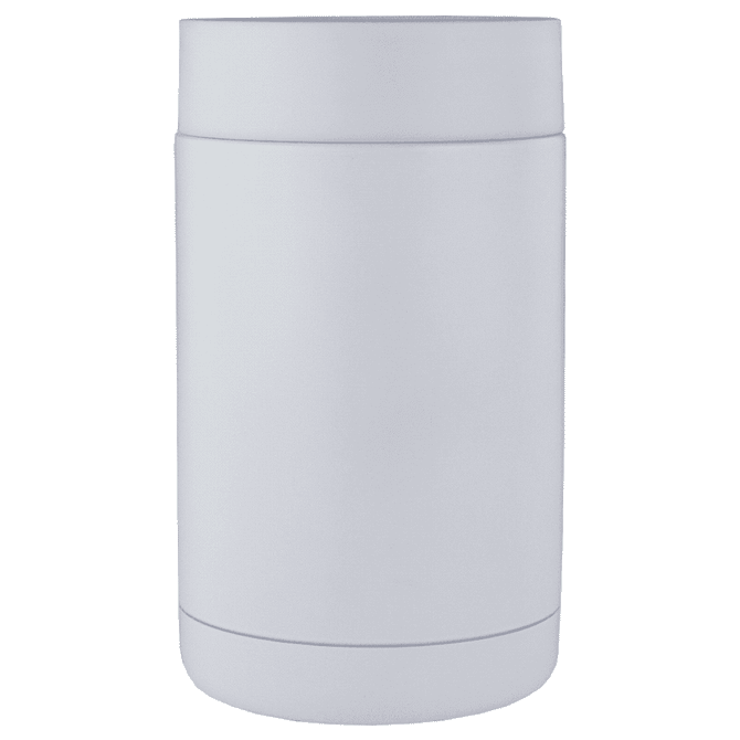 A drink bottle holder in white, designed to keep beverages cold, featuring a simple cylindrical shape and a logo.