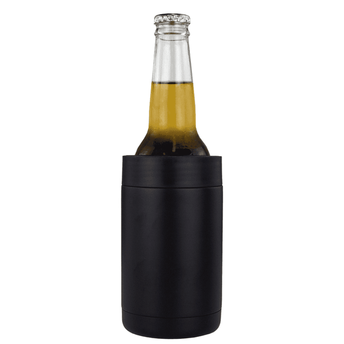 A drink bottle holder in black, designed to keep beverages cold, featuring a stainless steel bottle inside.