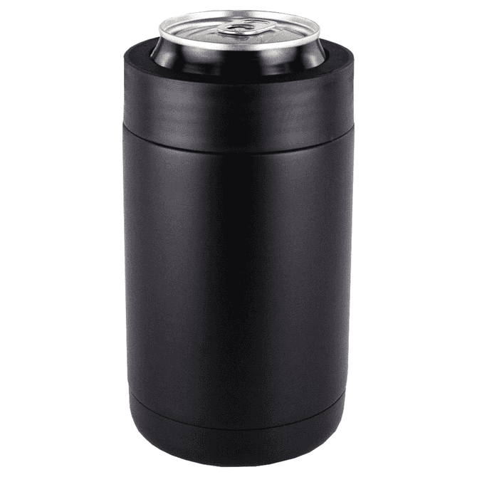 A drink bottle holder in matte black, designed for standard cans, featuring a cylindrical shape and a logo.