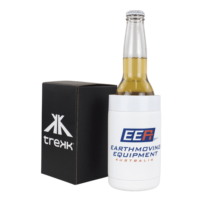A drink bottle positioned in a white stubby holder, alongside a black box featuring a logo.