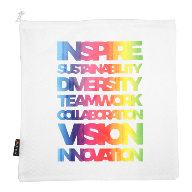 A white drawstring bag features a multicoloured text design with words related to inspiration, sustainability, and collaboration.