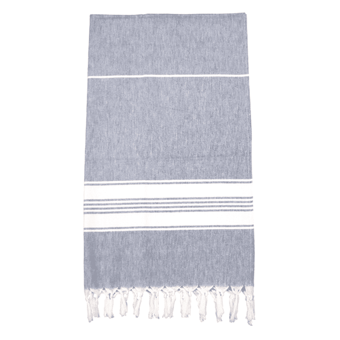 A 100% cotton Turkish towel in grey and white with tasselled edges, suitable for beach use.