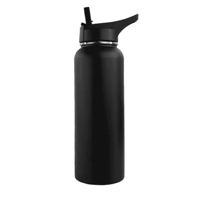A drink bottle in matte black with a straw lid and a stainless steel finish. Features a logo on the body.