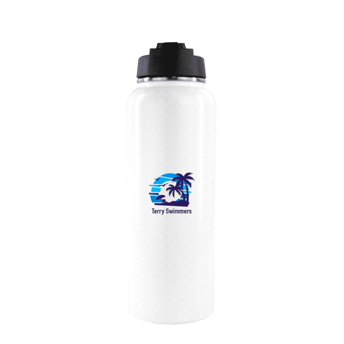 A drink bottle in white featuring a logo and design with palm trees, suitable for hydration.