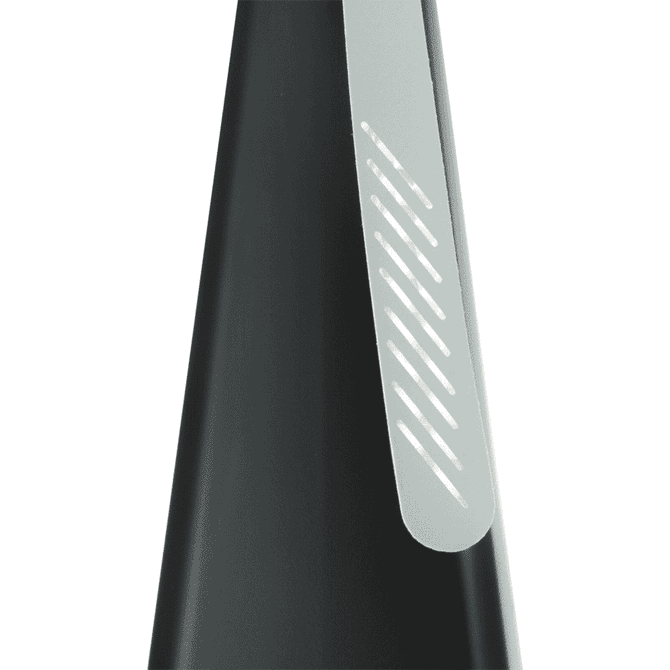 A black fan with a silver side accent, featuring a sleek, conical design. It includes a logo on the surface.