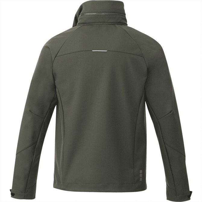 A men's softshell jacket in army green with a collar and a logo on the back.