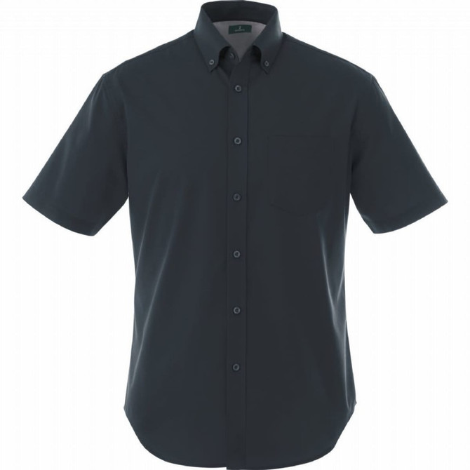 A short sleeve button-up shirt in dark grey with a single chest pocket and a logo on the collar.