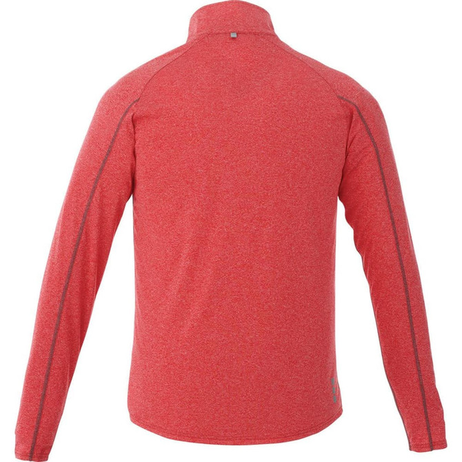 A red knit quarter zip jumper for men, featuring long sleeves and a collar. Includes a branding logo.
