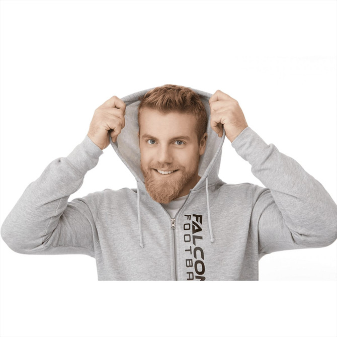 A man in a grey fleece zip hoody, smiling and pulling the hood over his head, with branding visible on the garment.