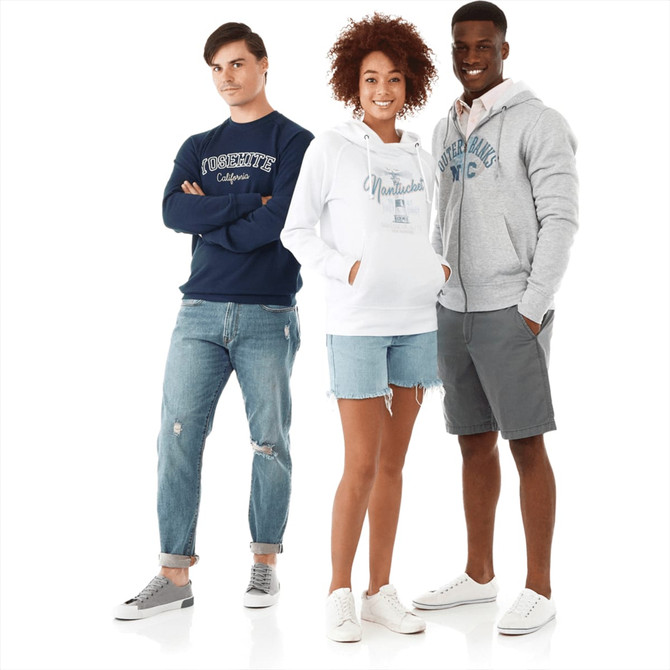 Three models wearing sweatshirts: a navy blue crew, a white hoodie, and a grey hoodie, styled with casual shorts and jeans.