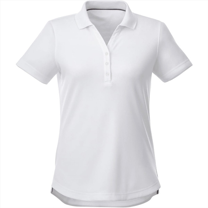 A white women's polo shirt with a collar, buttons, and a subtle logo. Suitable for casual or smart-casual settings.