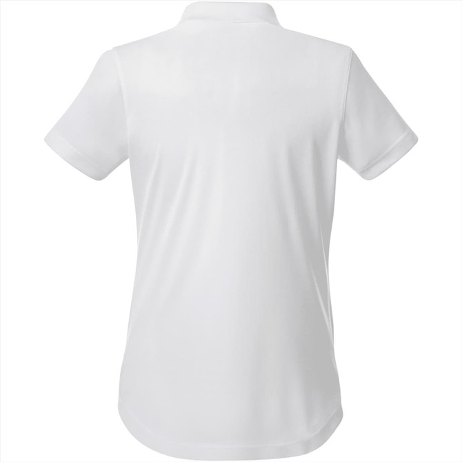 A white women's polo shirt featuring a classic short sleeve design and a collar, with branding present.
