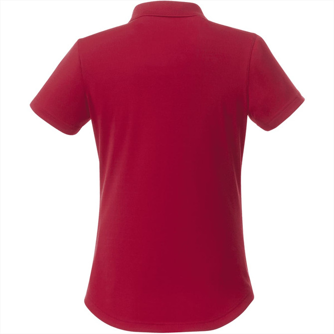 A red women's short sleeve polo shirt featuring a classic cut and a collar, with branding on the back.
