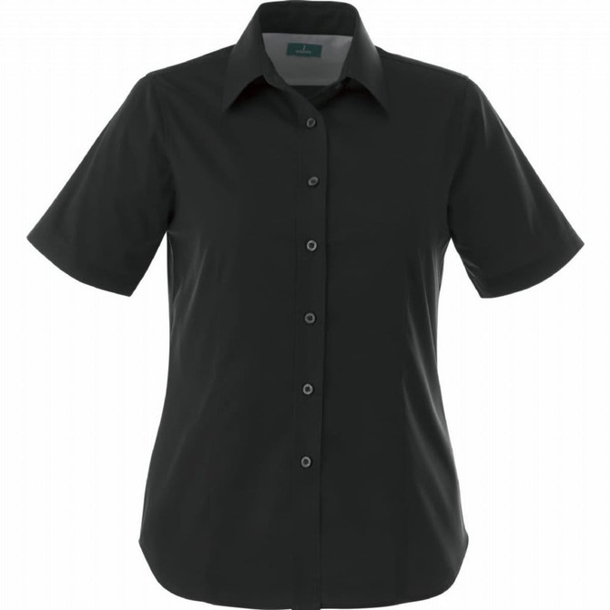 A black short sleeve button-up shirt for women, featuring a collared neckline and a logo on the label.