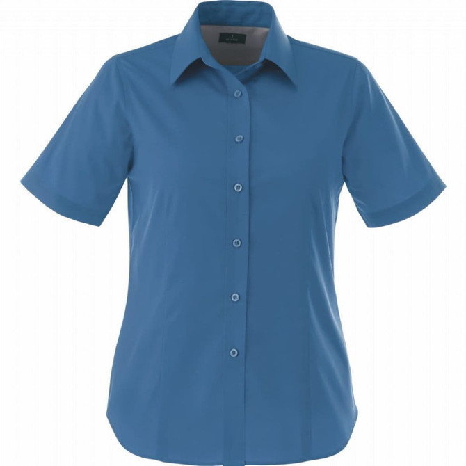 A blue short sleeve button-up shirt for women, featuring a collar and a logo.