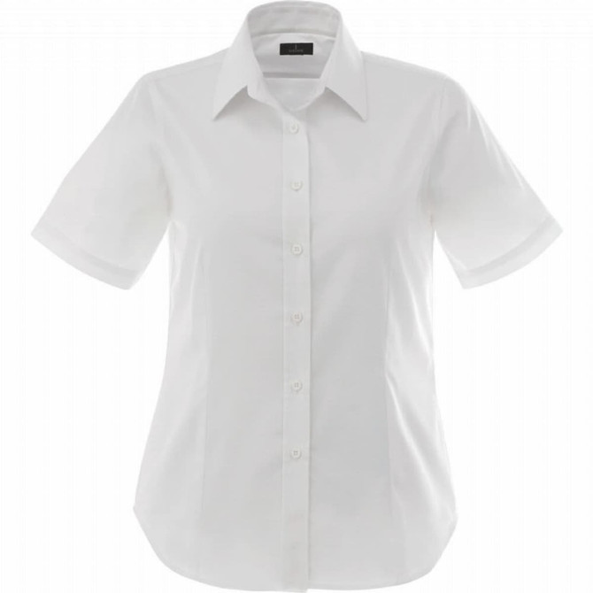 A women's short sleeve button-up shirt in white, featuring a classic collar and a logo.