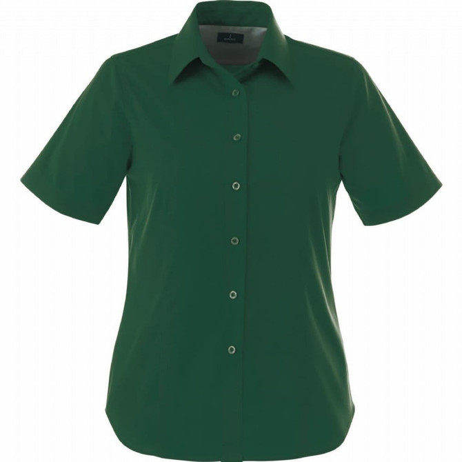 A green short sleeve button-up shirt for women with a classic collar and a logo on the label.
