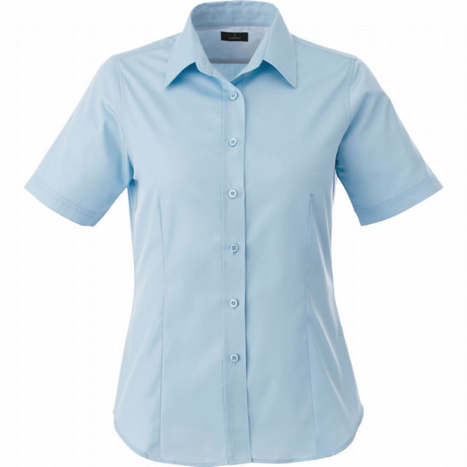 A light blue, short-sleeve women's button-up shirt with a collar and branding on the label.