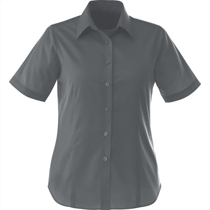 A short sleeve women's button-up shirt in a dark grey colour, featuring a collar and front buttons. It has a logo.
