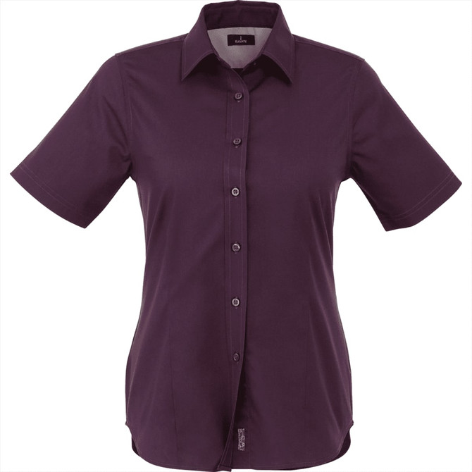 A short sleeve women's button-up shirt in a deep purple shade, featuring a collar and a logo.