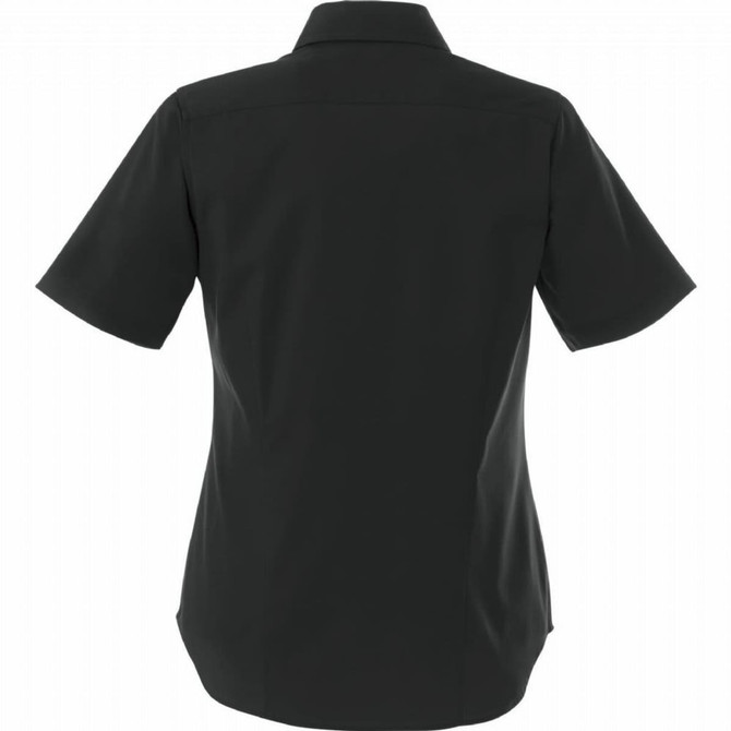A black short sleeve button-up shirt for women, featuring a standard collar and clean back design.