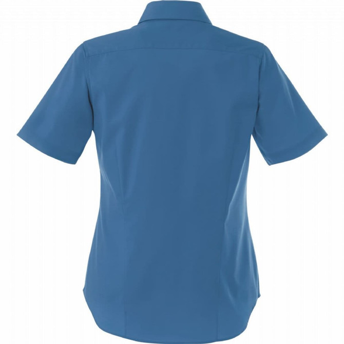 A women's short sleeve button-up shirt in a vibrant blue colour, featuring a back view and a collar.
