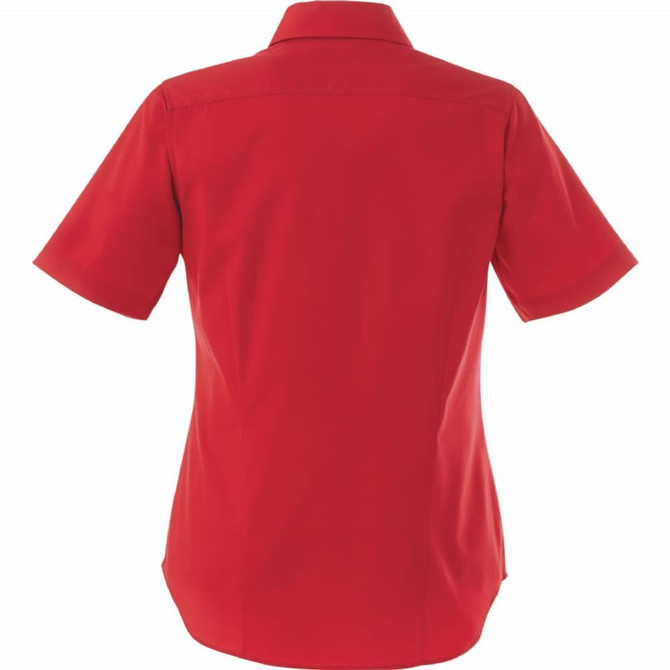 A red women's short sleeve button-up shirt with a back collar and a logo.