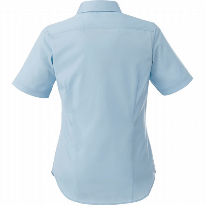 A light blue women's short sleeve button-up shirt with a back view, featuring a subtle logo.