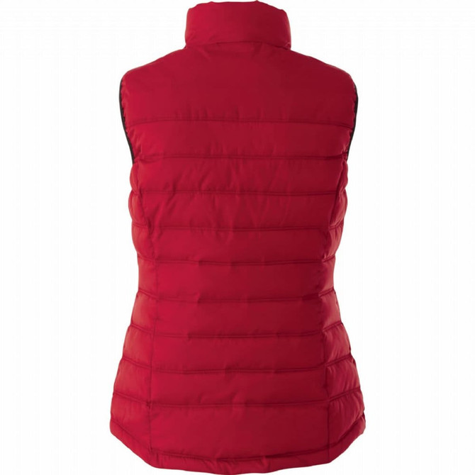 A red insulated vest for women, featuring a padded design and no sleeves, with a high collar at the back.