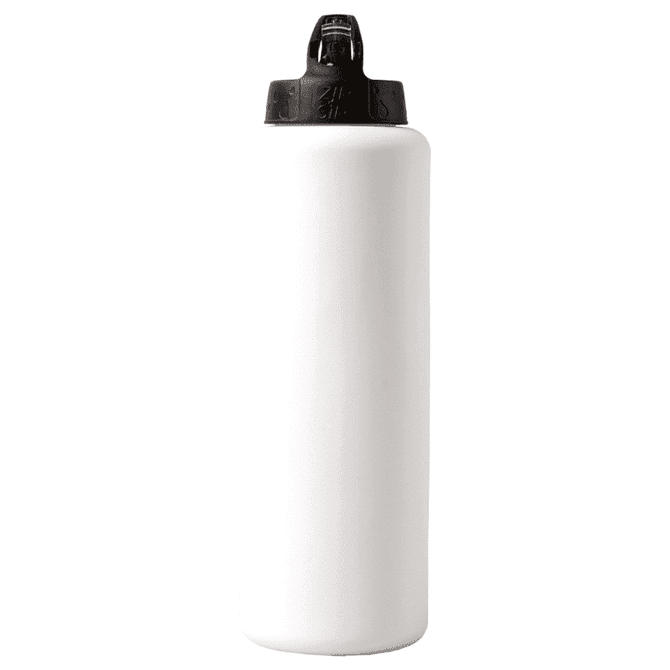 A drink bottle in white with a black cap and a logo. Suitable for various beverages.