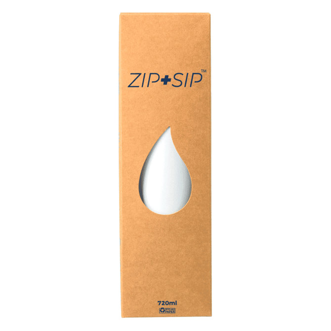 A drink bottle in a white finish, packaged in a brown box with a cut-out design and a logo.