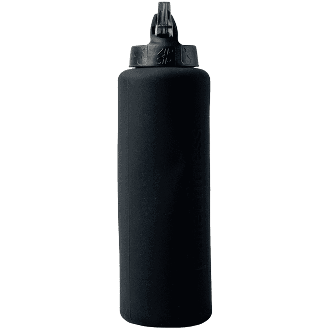 A drink bottle in matte black with a textured grip and a flip-top spout, featuring a logo on the side.