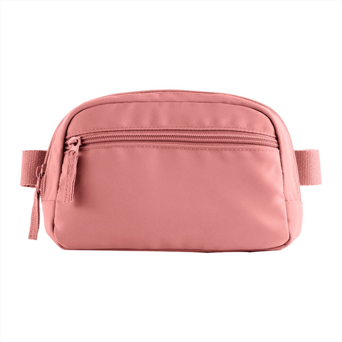 A pink recycled sport fanny pack with a front zip pocket and an adjustable strap. It has a logo on the front.