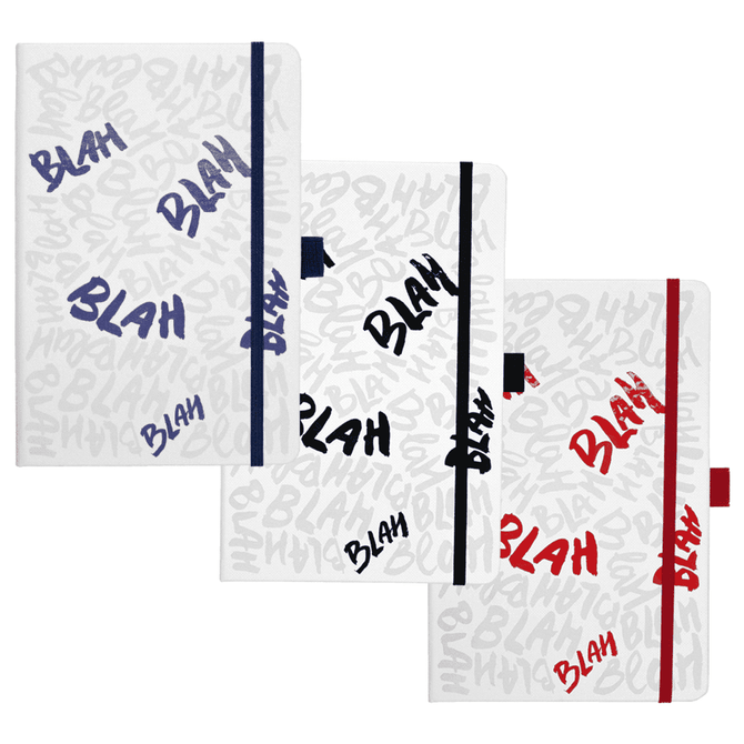 A set of three bound journals in white with blue, black, and red accents and a repeating "BLAH" design.
