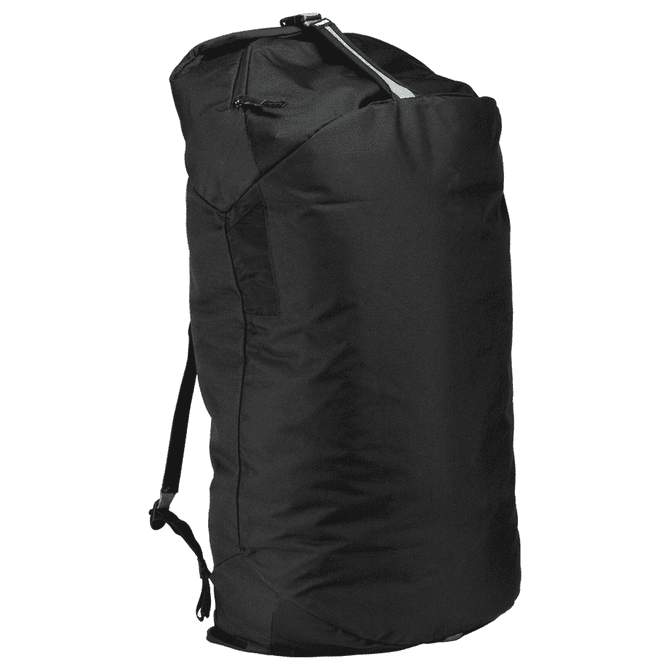 A black duffel bag with a mid blue accent, featuring shoulder straps and a zippered opening. Includes a logo.