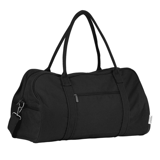 A black duffel bag with dual handles, a shoulder strap, and a front zip pocket. It has a logo on the side.