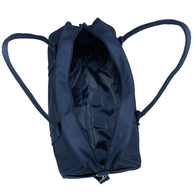 A navy blue recycled canvas duffel bag with two handles and an open top, featuring an interior compartment.