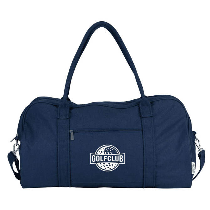 A navy duffel bag with a logo, featuring two handles and a detachable shoulder strap.