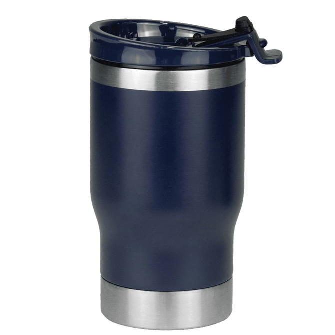 A drink bottle in navy blue with a stainless steel base and a flip-top lid. It features a logo.